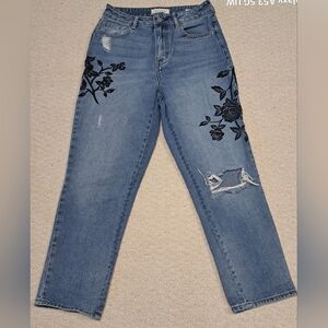 Pacsun Cropped Mom Jean 26 Distressed Embroidered 5 Pocket Zipper Fly